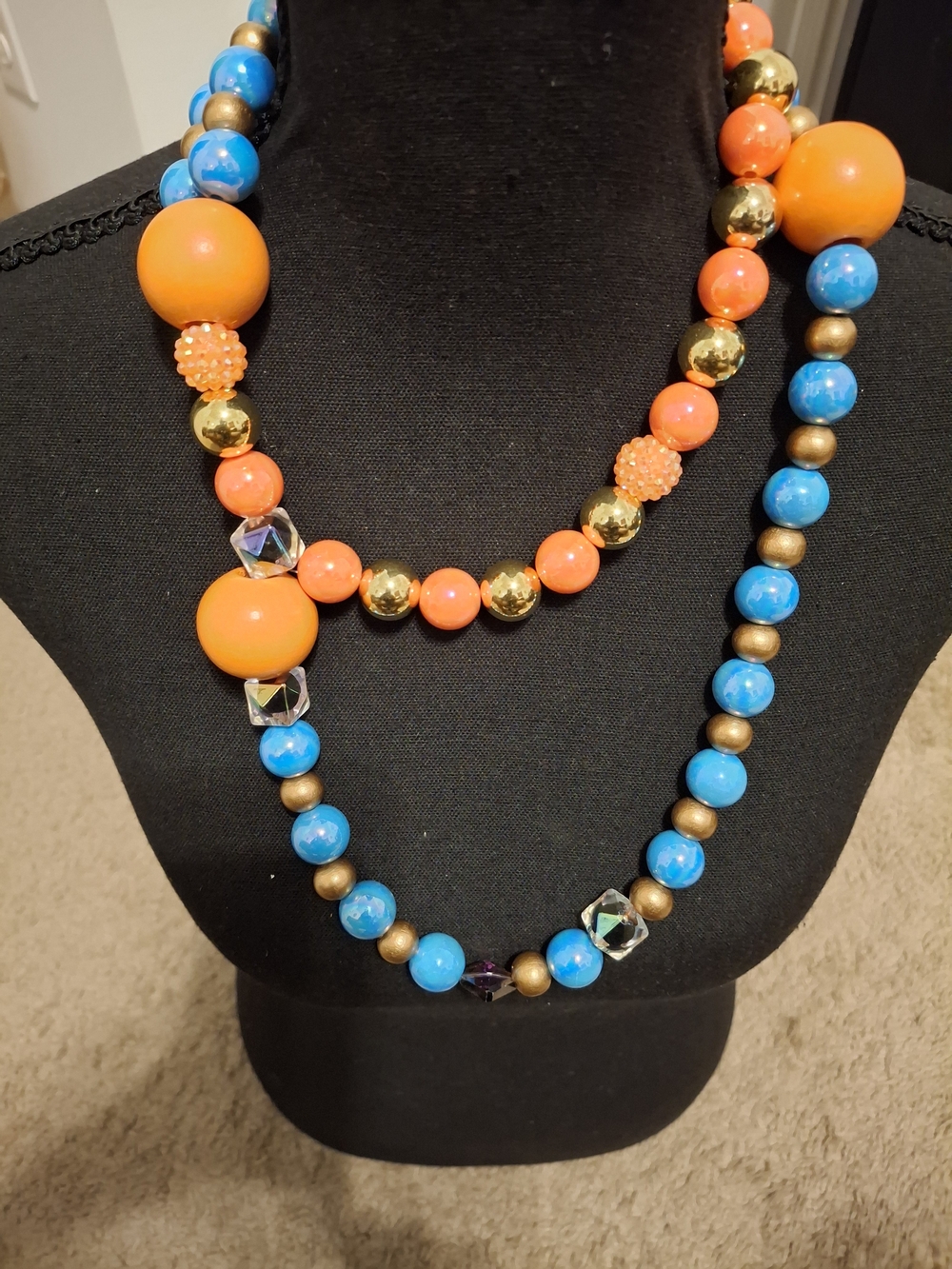 Handmade Bold Orange Gold and Blue Beaded Necklace - Women Jewelry
